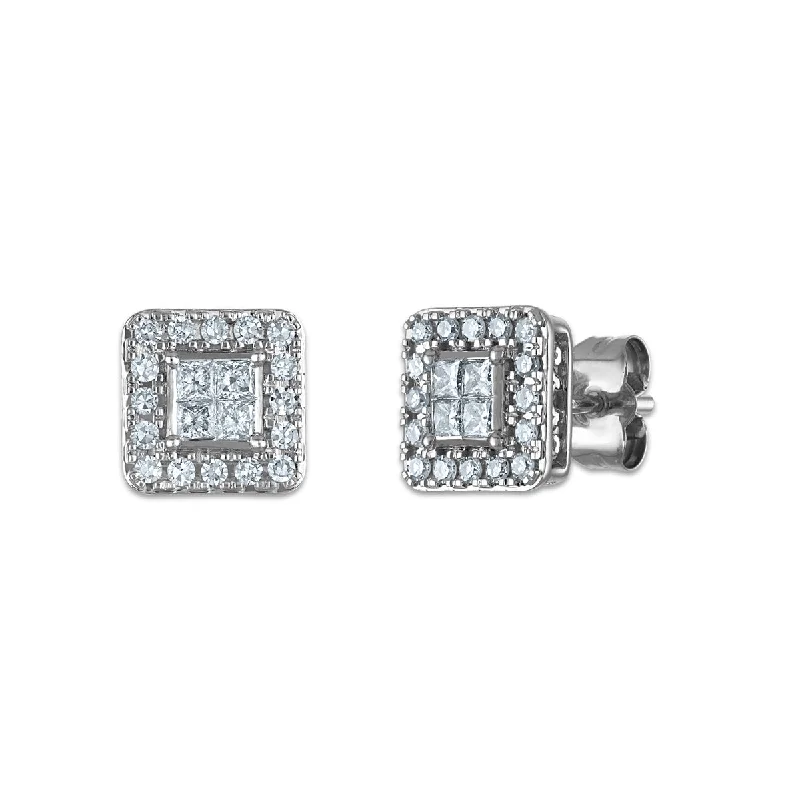 women luxury pearl earrings -Red Hot Deal 1/2 CTW Princess Cut Lab Grown Diamond Halo Stud Earrings in 14KT White Gold