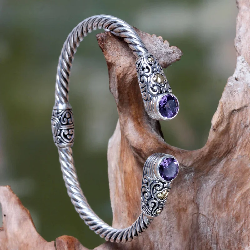 women adjustable bangles -Handmade Gold Accent Sterling Silver 'Sukawati Secret' Amethyst Bracelet (Indonesia)