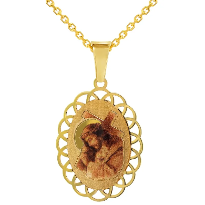 women ruby necklaces -14k Yellow Gold Jesus Christ Carrying the Cross Oval Picture Medal Pendant with Rolo Cable, Cuban Curb, or Figaro Chain Necklace