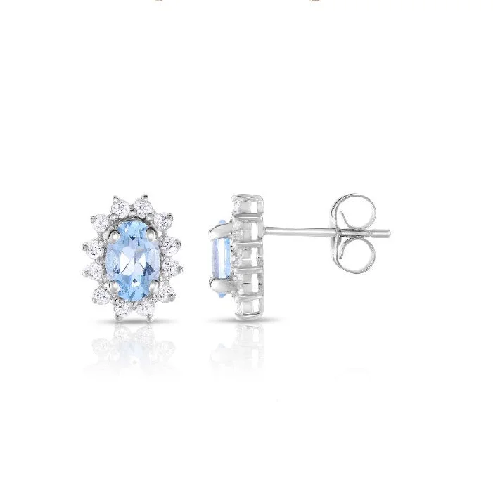 women chic drop earrings -6X4MM Oval Aquamarine and White Topaz Halo Earrings in 10KT White Gold