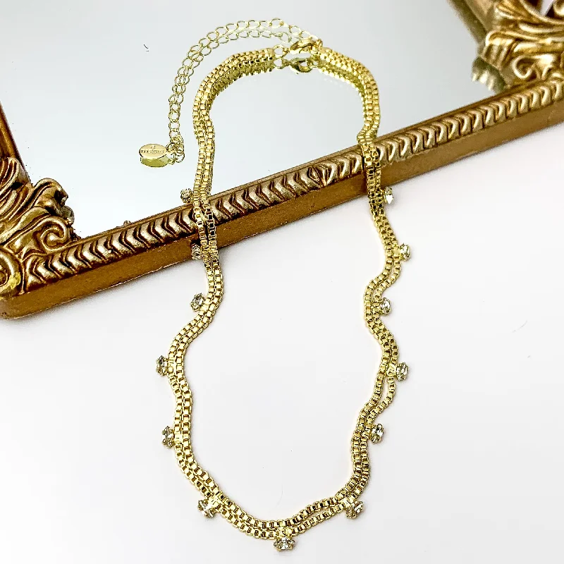 women short necklaces -Sorrelli | Cleo Box Chain and Crystal Tennis Necklace in Bright Gold Tone and Clear