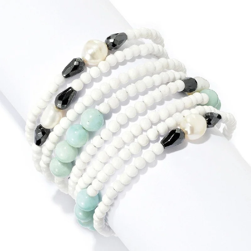 women wedding bracelets -10 x 8mm Cultured Pearl, Hematite & White Agate Beaded Wrap Bracelet