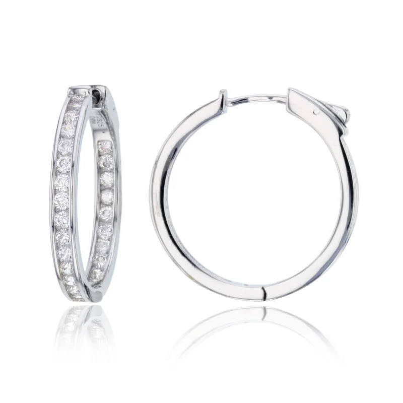 women chic drop earrings -Sterling Silver Round Cubic Zirconia 25X3MM Safety Clasp In & Out Hoop Earrings