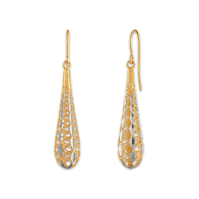 women fashion earrings -14KT Yellow Gold With Rhodium Plating Teardrop Filigree Earrings