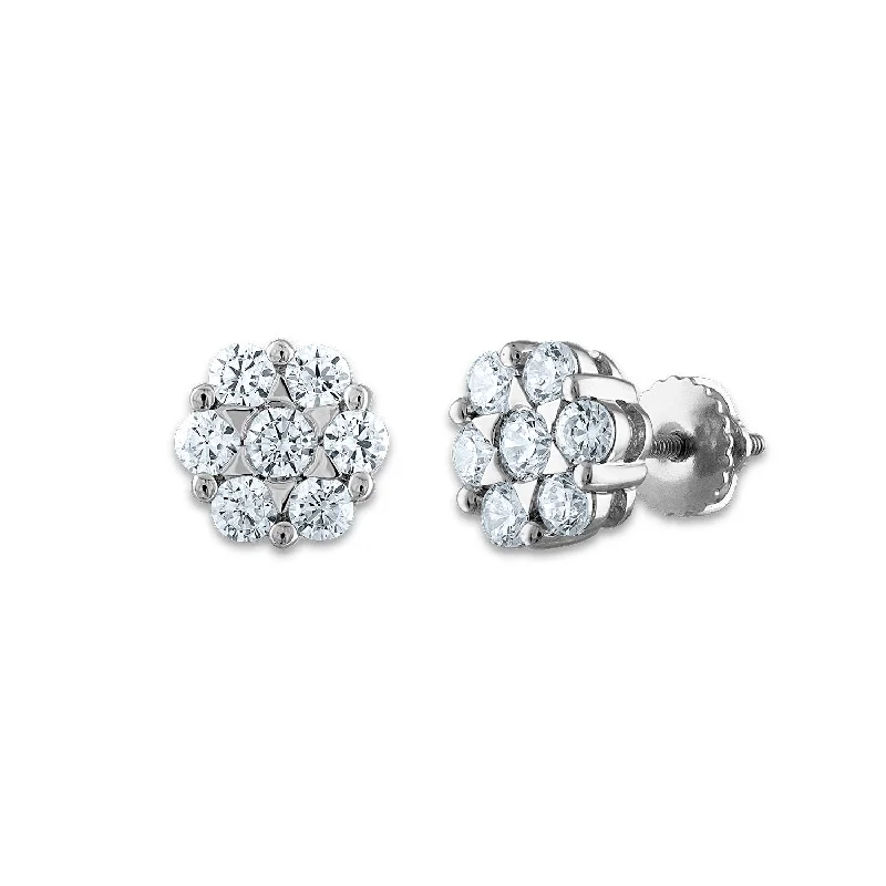 women gold hoop earrings -EcoLove 1 CTW Lab Grown Diamond Cluster Stud Flower Shaped Earrings in 14KT White Gold