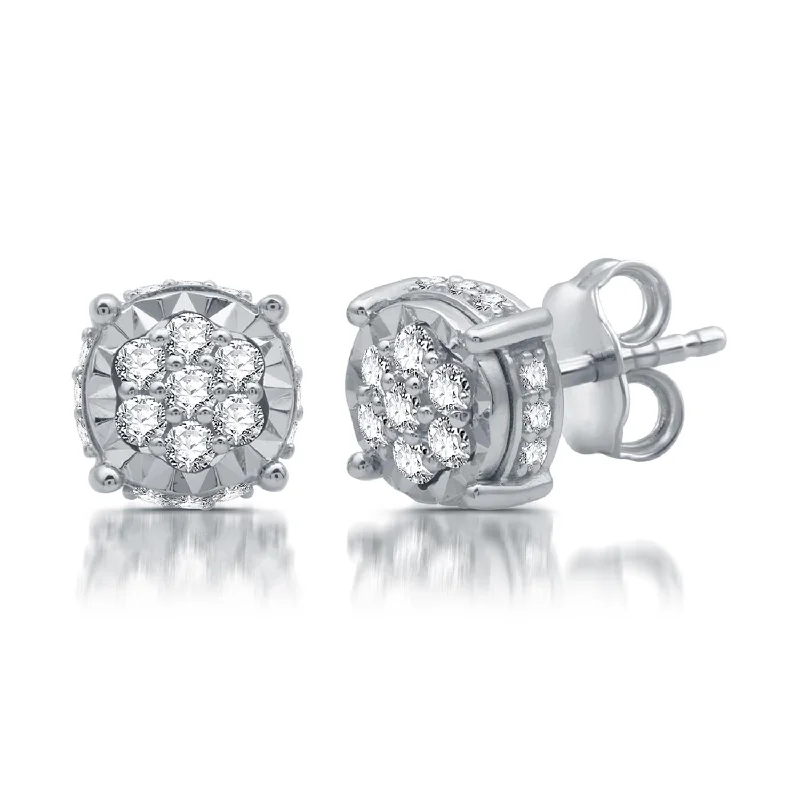 women dangle earrings -1/3 CTW Diamond Halo Illusion Set Stud Earrings in Rhodium Plated Sterling Silver