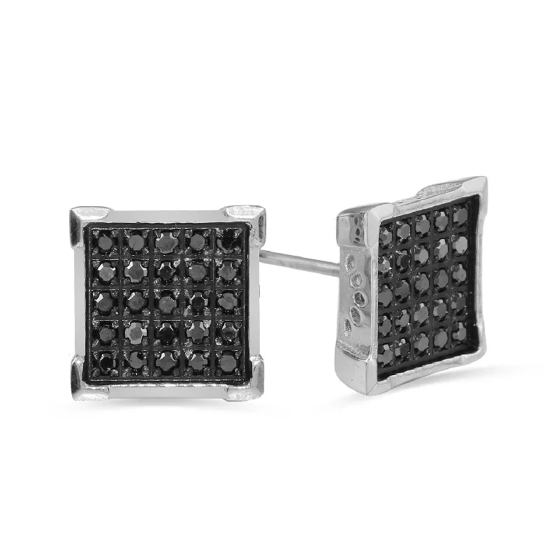 women designer hoop earrings -Stainless Steel Square Stud Earrings with 1/4 CTW Pave Black Diamonds