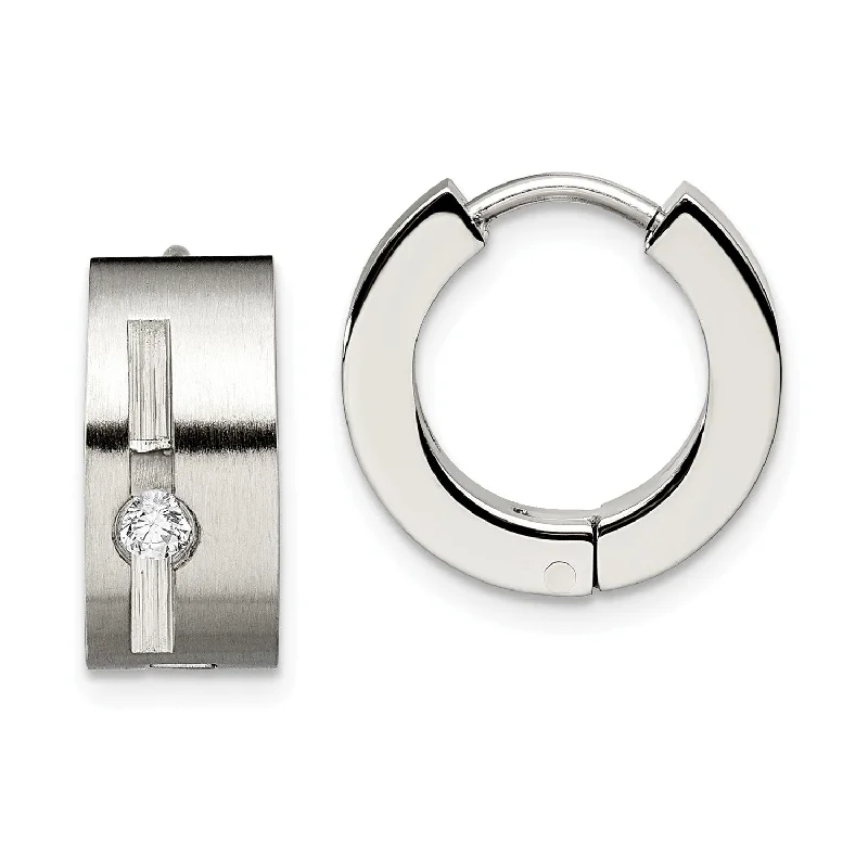 women gold stud earrings -Stainless Steel CZ Brushed & Polished Round Hinged Hoop Earrings