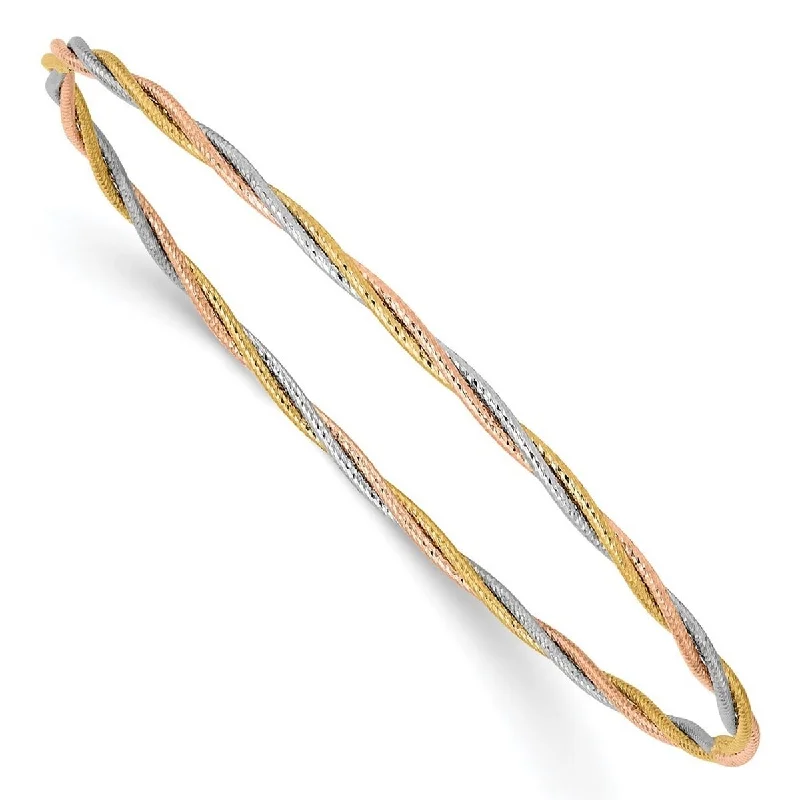 women classic bangles -Curata 14k Tri-Color Gold 7.25" 2mm Textured Twisted Slip-on Bangle Bracelet