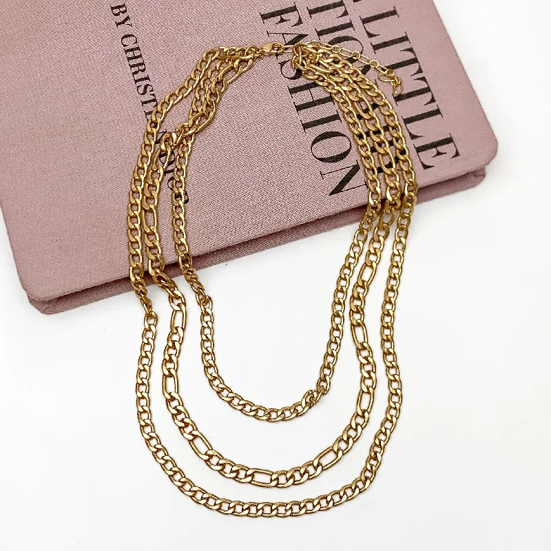 women delicate necklaces -Multi Strand Curb Chain Necklace in Gold Tone