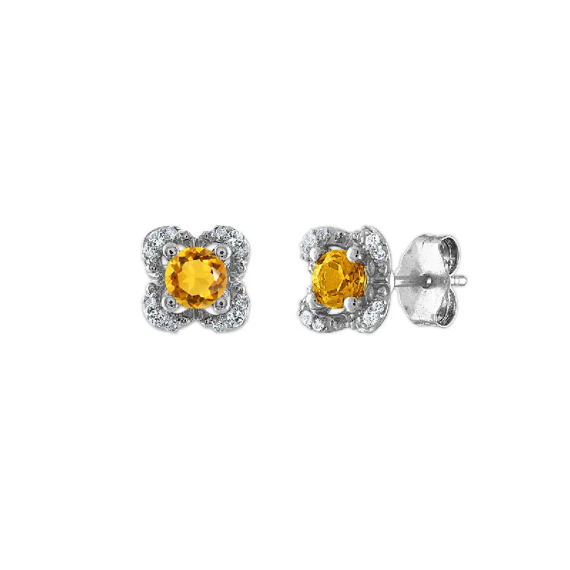 women shimmering earrings -4MM Round Citrine and White Sapphire Birthstone Flower Halo Earrings in Sterling Silver