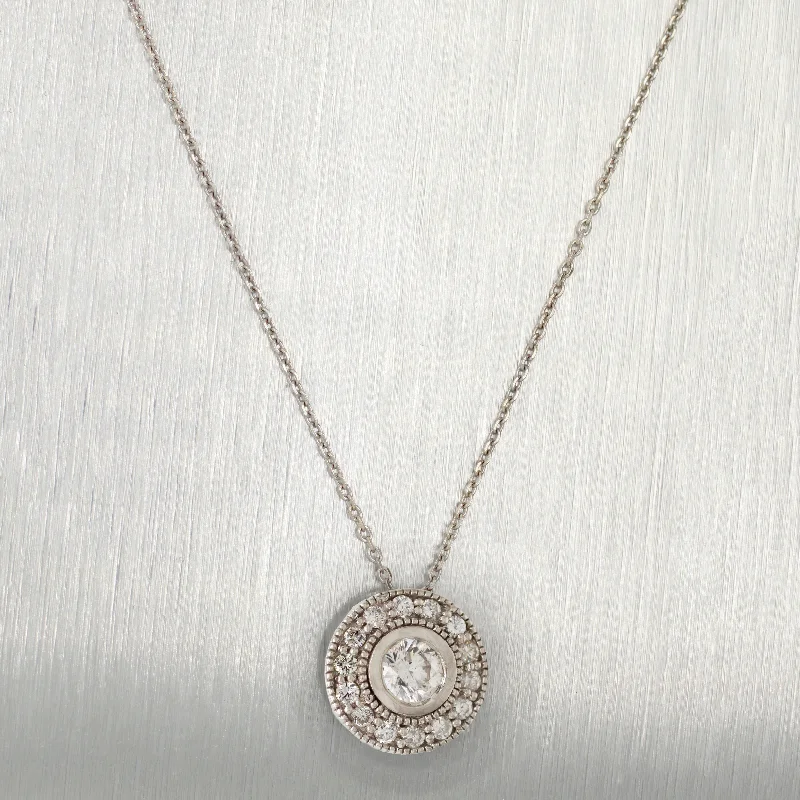 women engraved necklaces -Vintage 1.00ctw Diamond Halo Circle Pendant - 14k White Gold - 16" Necklace