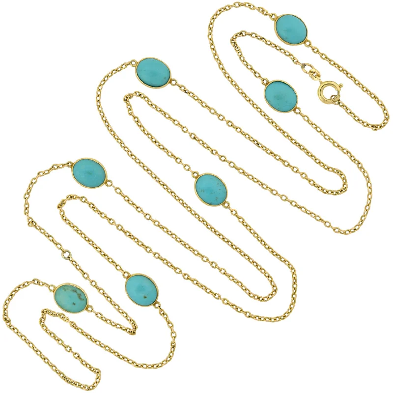 women luxury designer necklaces -Art Nouveau 14kt Turquoise Link Chain Necklace 42.5"