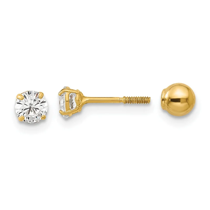 women dangle earrings -14KT Yellow Gold 4MM Cubic Zirconia Reversible Stud Earrings