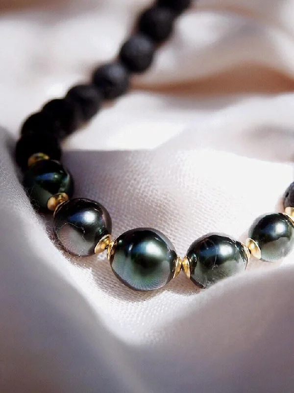 women personalized necklaces -Five Black Tahitian Pearl Lava Bead Necklace - Moana