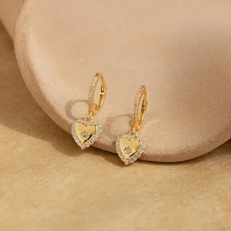 women chic stud earrings -Pave Heart Drop Huggies