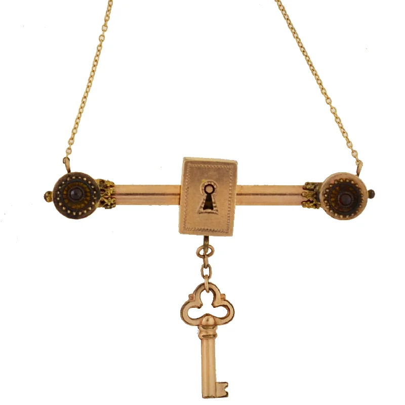 women geometric pendant necklaces -Victorian Gold-Filled Garnet Padlock + Key Necklace 16"