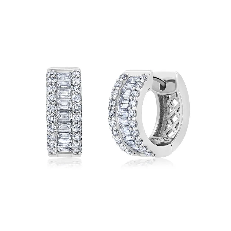 women simple earrings -Crislu Platinum Plated Sterling Silver and Cubic Zirconia Huggie Earrings