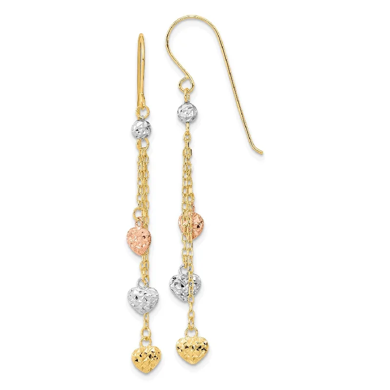 women sparkling gold earrings -14KT Gold Tri-Color 55X4.8MM Diamond-cut Heart Drop & Dangle Earrings