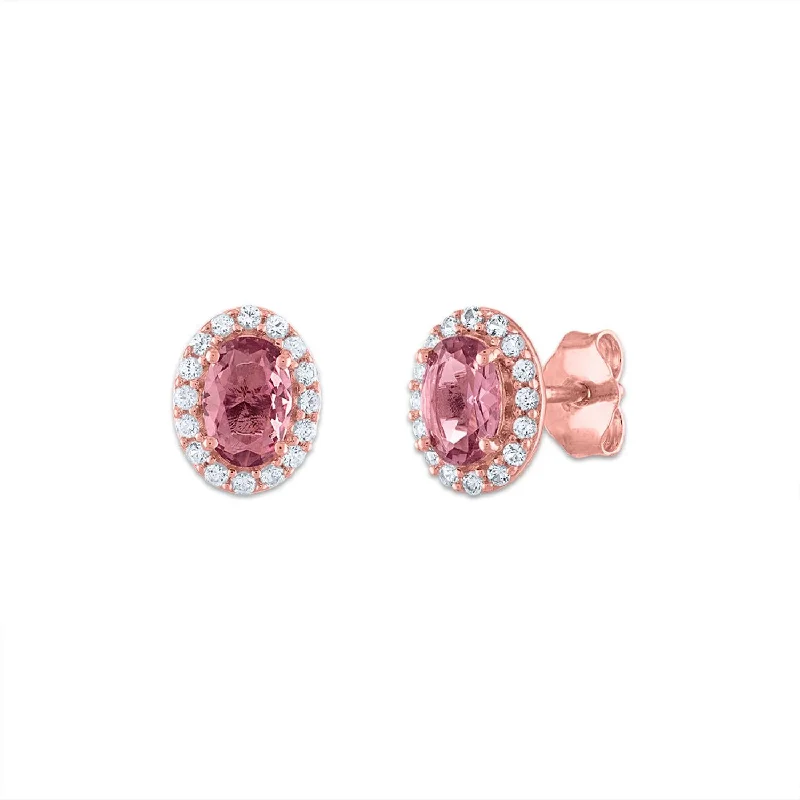 women shimmering earrings -6X4MM Oval Alexandrite and Sapphire Birthstone Halo Stud Earrings in 10KT Rose Gold