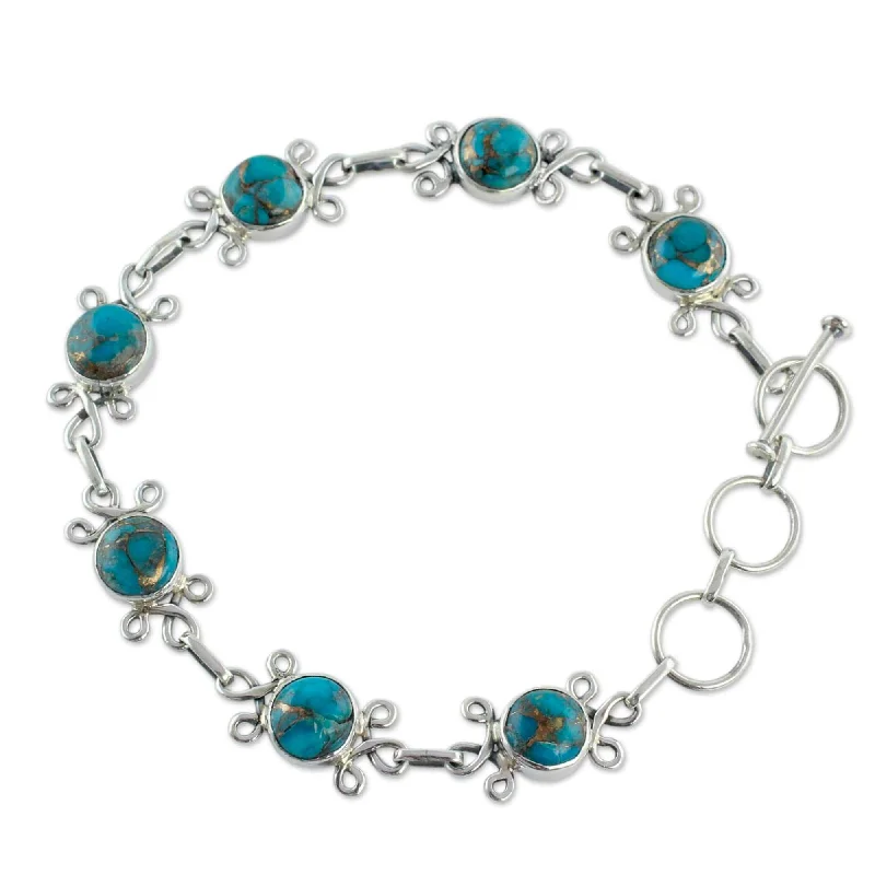 women cuff bracelets -Sterling Silver 'Daisy Chain' Composite Turquoise Bracelet (India)