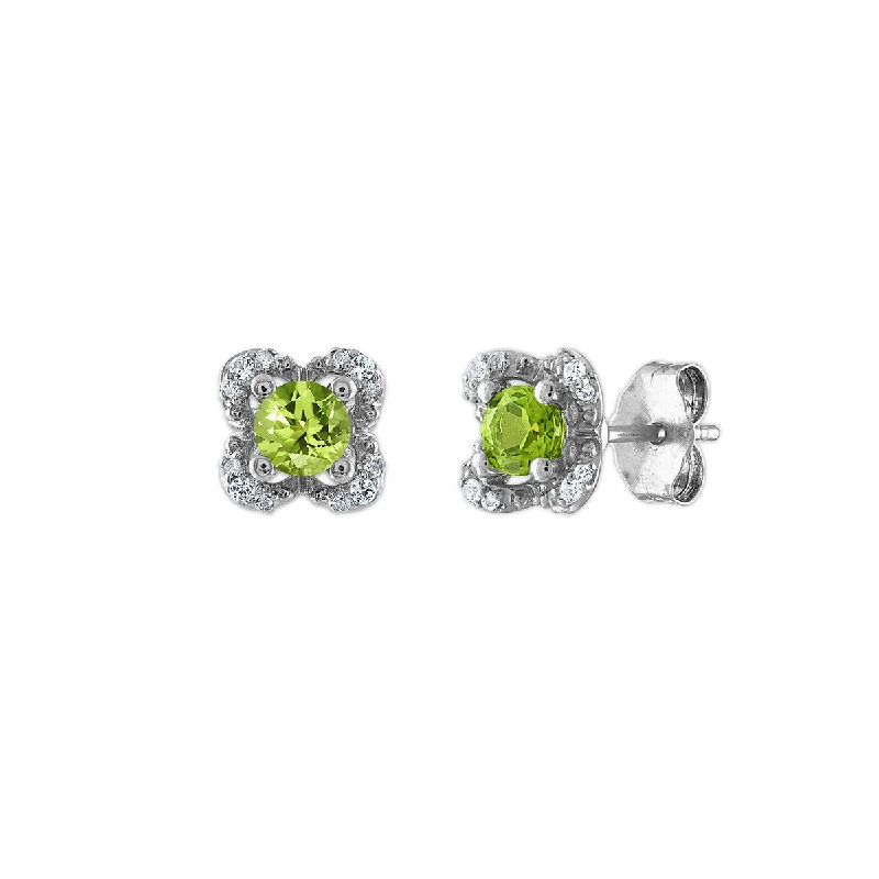 women dangle earrings -4MM Round Peridot and White Sapphire Birthstone Flower Halo Earrings in Sterling Silver