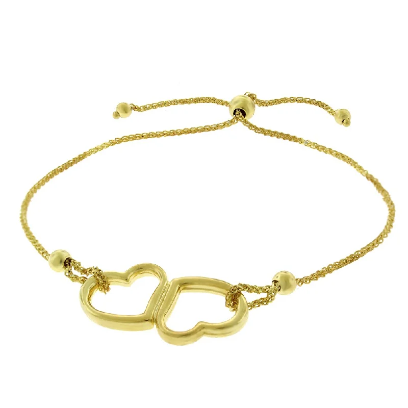 women bangle bracelets -14K Yellow Gold Womens Fancy Double Heart Charm Adjustable Slider Bracelet Chain