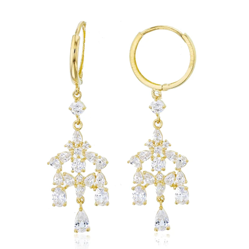 women dazzling earrings -14KT Yellow Gold Cubic Zirconia Huggie Chandelier Earrings