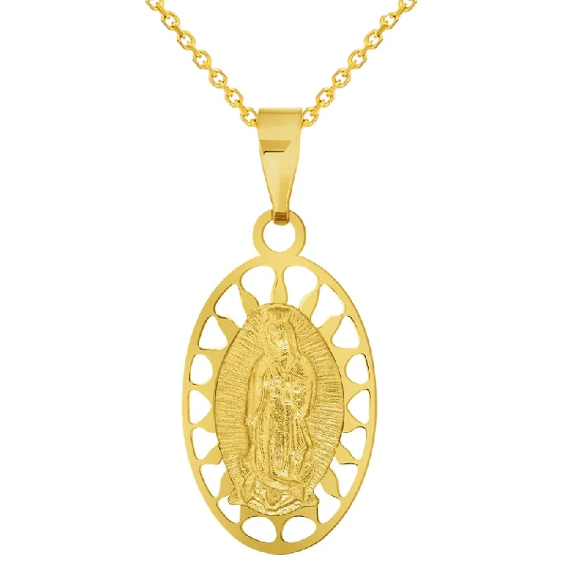 women bridal necklaces -14k Yellow Gold Our Lady Of Guadalupe Elegant Oval Medallion Pendant with Rolo Cable, Cuban Curb, or Figaro Chain Necklace