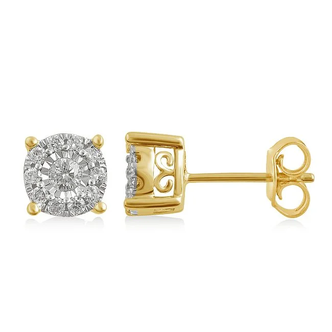 women chic drop earrings -1/3 CTW Diamond Cluster Stud Earrings in 10KT Yellow Gold