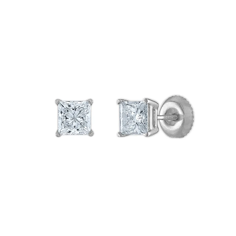 women simple earrings -Signature Certificate EcoLove 1-1/4 CTW Princess Cut Lab Grown Diamond Solitaire Stud Earrings in 14KT White Gold