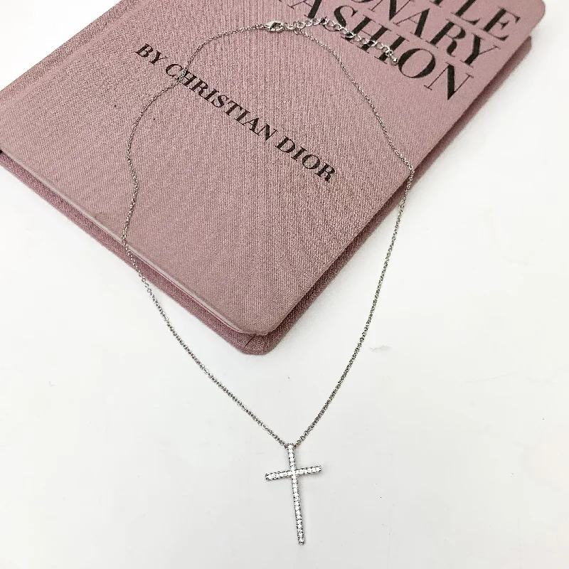 women eco-friendly necklaces -Silver Tone Chain Necklace With Clear Crystal Cross