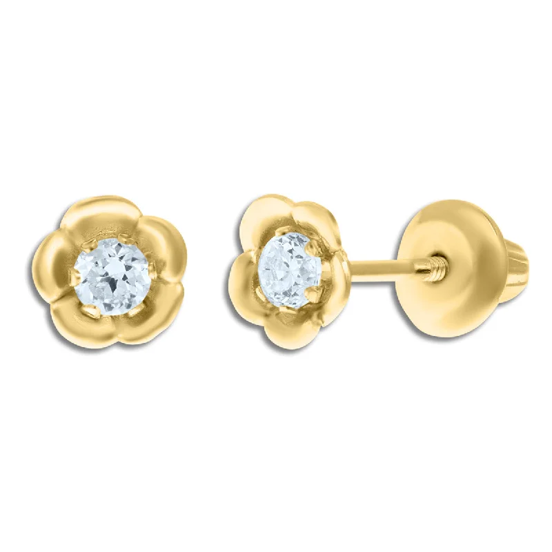 women fashion earrings -Kiddie Kraft 14KT Yellow Gold Round Cubic Zirconia Childrens Flower Stud Earrings