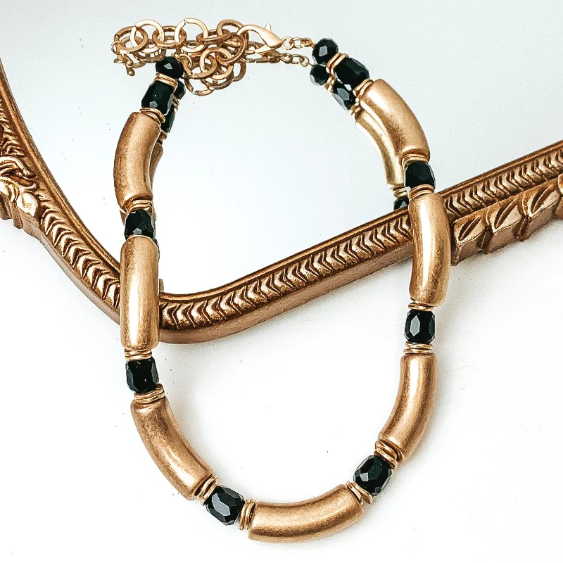 women timeless necklaces -Gold Tone Tube Necklace with Black Crystal Spacers