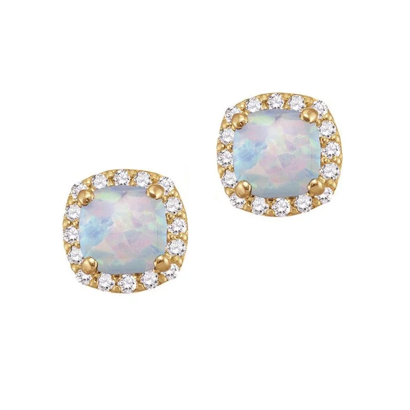 women gold hoop earrings -5MM Cushion Opal and White Sapphire Birthstone Halo Stud Earrings in 10KT Yellow Gold