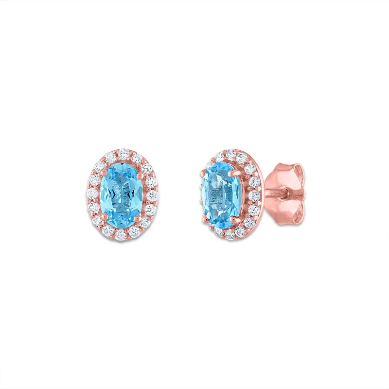 women elegant stud earrings -6X4MM Oval Swiss Blue Topaz and Sapphire Birthstone Halo Stud Earrings in 10KT Rose Gold