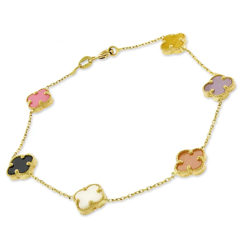 women bracelet sets -14k Yellow Gold Womens Fancy Multi Color Flowers Cable Link Charm Bracelet Chain 6"