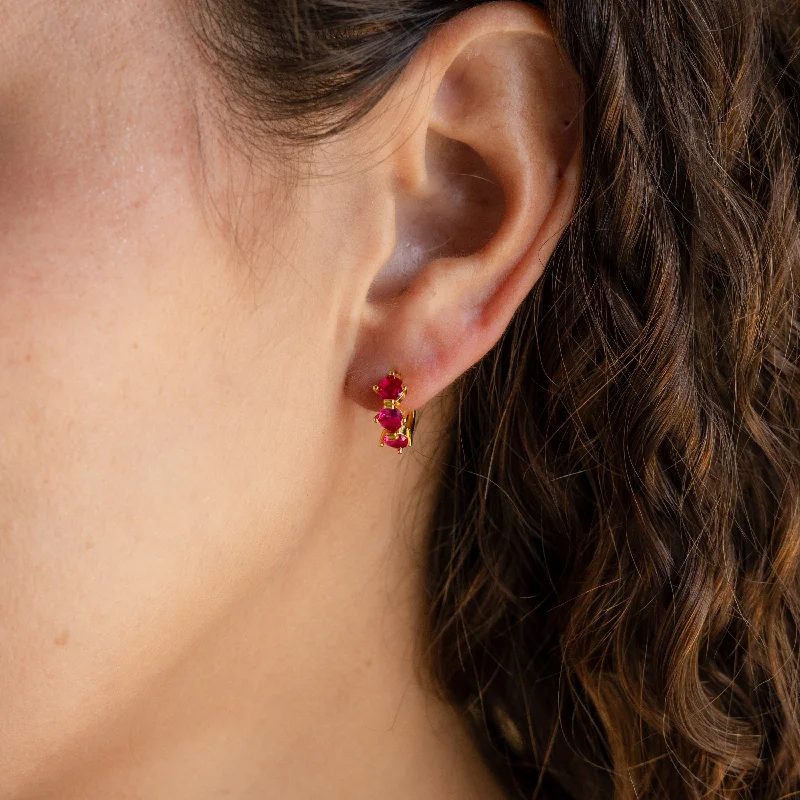 women handmade earrings -Triple Ruby Birthstone Huggies