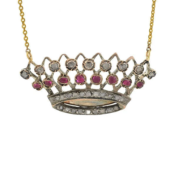 women moonstone necklaces -Victorian 14kt/Sterling Ruby & Rose Cut Diamond Crown Necklace