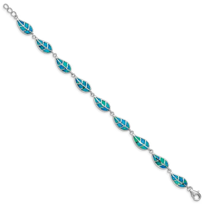 women crystal bangles -Curata 925 Sterling Silver Rhodium Plated Simulated Blue Opal Inlay Leaf Bracelet 7.5 Inch