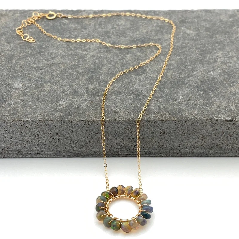 women eternity necklaces -October Birthstone BLACK OPAL - Circle Necklace