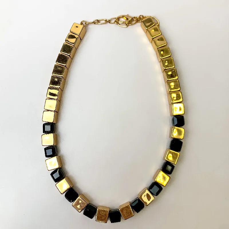 women crystal necklaces -Fashionably Late Gold Tone Cubed Necklace in Black