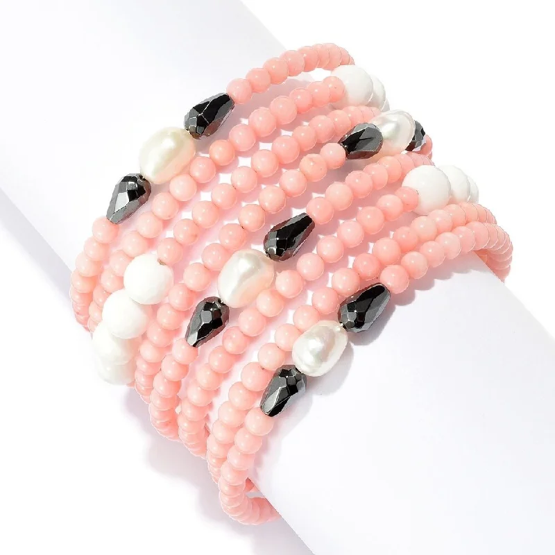 women beaded bracelets -10 x 8mm Cultured Pearl, Hematite & Coral Beaded Wrap Bracelet