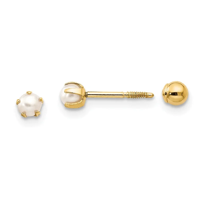 women adjustable earrings -3MM Round Pearl Reversible Ball Stud Earrings in 14KT Yellow Gold