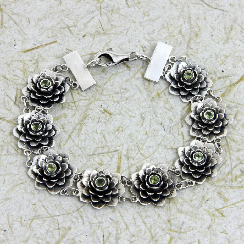 women stackable bangles -Handmade Sterling Silver Peridot 'Sacred Green Lotus' Flower Bracelet (Indonesia)