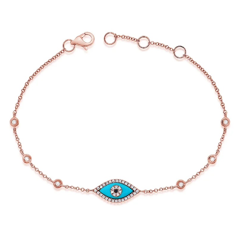 women stacking bangles -Joelle Evil Eye Bracelet Turquoise & Diamond 14K Rose Gold