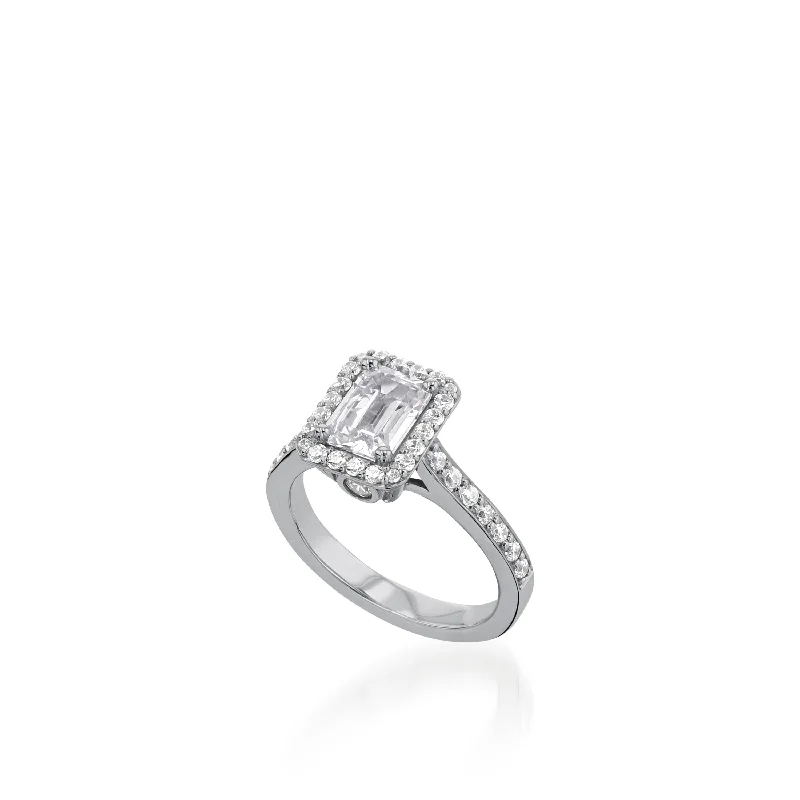 women sparkling engagement rings -Satin Emerald Cut White Gold  Engagement Ring