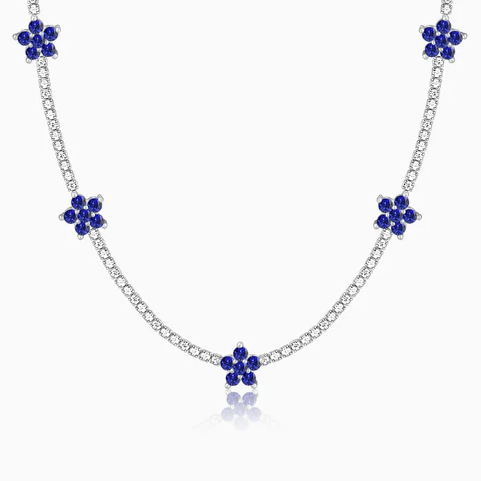 women engraved necklaces -Silver Blue Floral Necklace