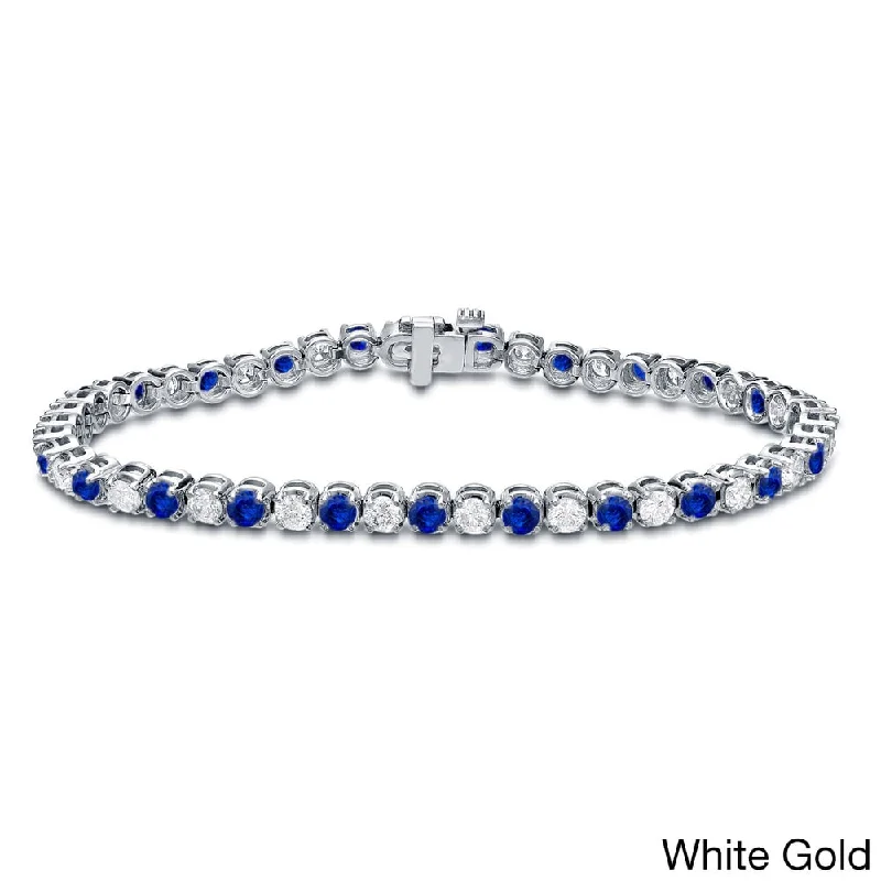 women thick bangles -Auriya 1 1/2ct Round Blue Sapphire and 1 1/2ct TDW Diamond Tennis Bracelet 14k Gold