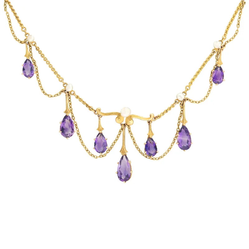 women geometric necklaces -Victorian 14k Amethyst & Pearl Festoon Necklace